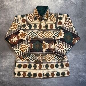 Vintage 90s Aztec Fleece Jacket Reversible Green Southwestern Medium Boho